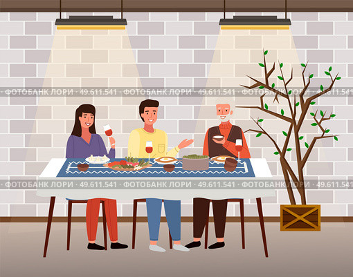 The family dines with food in Georgian-style restaurant. Relatives eat traditional dishes in cafe. Georgians taste traditional food. Table with khinkali and adjarian khachapuri vector illustration. The family dines with food in Georgien-style restaurant. Relatives eat traditional dishes in cafe. Стоковая иллюстрация, агентство Ingram Publishing / Фотобанк Лори