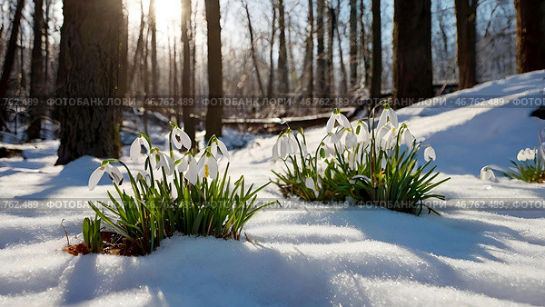 The first spring flowers. White snowdrops in the forest close-up in the morning sun. Spring time. Стоковое AI-изображение, AI-художник Photojuli / Фотобанк Лори