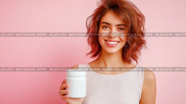 The girl advertises Biologically active additives, medicines. A white jar is in the young woman's hand. Стоковое AI-изображение, AI-художник Ирина Ручушкина / Фотобанк Лори