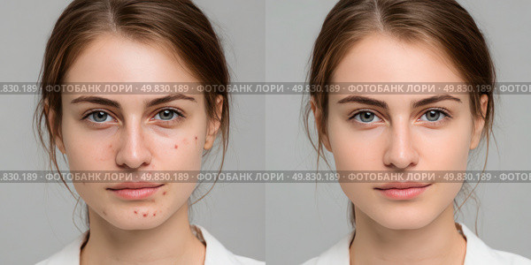 The girl in the left picture has a blemish on her face. Стоковое AI-изображение, AI-художник Ярославский Максим / Фотобанк Лори