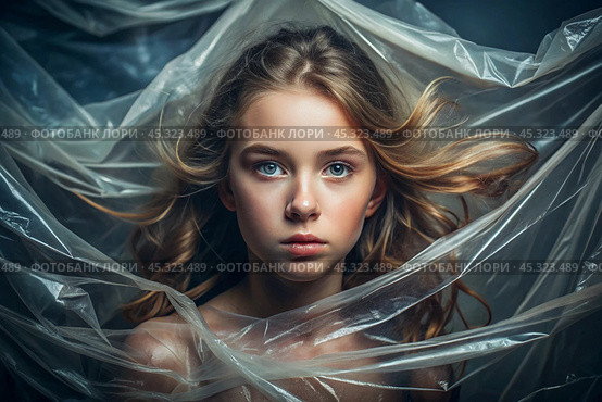 The girl is wrapped in cellophane or a bag. The girl is suffocating. Plastic pollution of the planet. Environmental hazard. Reducing the reuse of plastic. Recycling. The concept of garbage. Стоковое AI-изображение, AI-художник Photojuli / Фотобанк Лори