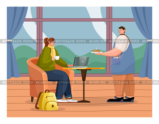 The girl sits at round coffee tables with cup in cafe, backpack near arm chair. The waiter man wearing apron with notebook brought a hamburger. Make an order in a cafe. Cozy restaurant interior. Girl in cafe at the table, waiter brings the order. Eating Out, Fast Food. Cozy cafe interior. Стоковая иллюстрация, агентство Ingram Publishing / Фотобанк Лори