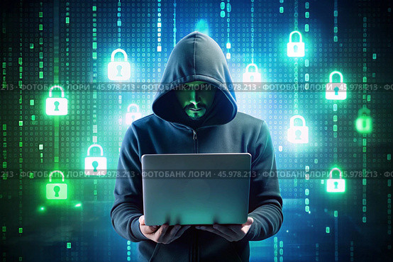 The hacker is working on a laptop, digital codes on a virtual background. Hacking and protecting online data. Digital technologies, software development. Стоковое AI-изображение, AI-художник Photojuli / Фотобанк Лори