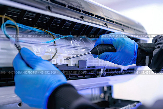 The hands of an unrecognized master repair the air conditioner. Close-up. The concept of repair services. Стоковое AI-изображение, AI-художник Ярославский Максим / Фотобанк Лори