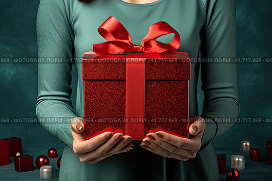 The hands of young women hold a gift box with a red ribbon. Generated by AI. Стоковое AI-изображение, AI-художник Ярославский Максим / Фотобанк Лори