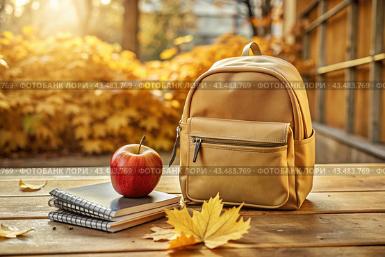 The holiday is on September 1st. A backpack, sneakers, an apple and pencils. Back to school. The concept of a new academic year at school. Autumn Knowledge Day. Стоковое AI-изображение, AI-художник Photojuli / Фотобанк Лори