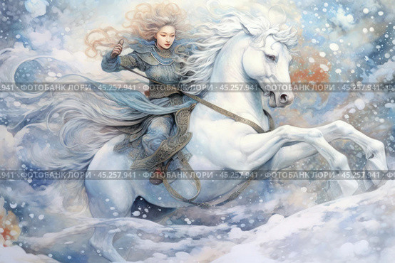 The illustration depicts a heroic horsewoman on a majestic white horse racing through a snowstorm. The girl is dressed in an outfit with elements of armor, which gives her the image of a warrior. Her flowing hair and the dynamic movement of the horse create a sense of power and swiftness. This atmospheric image in pastel shades emphasizes the winter magic and power of nature, reminiscent of myths and fairy tales. Стоковое AI-изображение, AI-художник Анна Кривицкая / Фотобанк Лори