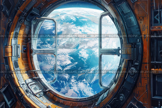 The image shows a view of Earth from inside a space station, revealing the curvature of the planet, clouds, oceans, and landmasses. Стоковое AI-изображение, AI-художник Данила Большаков / Фотобанк Лори