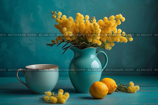 The image was created using artificial intelligence. A bouquet of mimosa in a turquoise vase on a turquoise background. The concept of home comfort. The concept of spring at home and International Women's Day. March 8th. Стоковое AI-изображение, AI-художник Photojuli / Фотобанк Лори