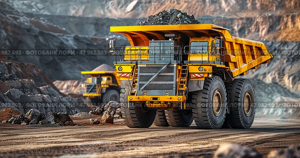 The industrial site at the openpit mine is bustling with yellow mining trucks and heavy machinery on a sunny day. Стоковое AI-изображение, AI-художник Anastasy Yarmolovich / Фотобанк Лори