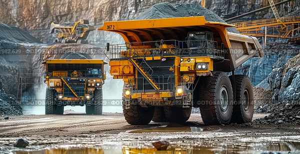 The industrial site at the openpit mine is bustling with yellow mining trucks and heavy machinery on a sunny day. Стоковое AI-изображение, AI-художник Anastasy Yarmolovich / Фотобанк Лори
