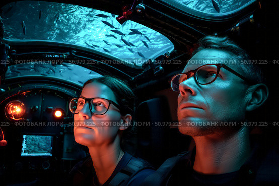 The interior of a deep-sea bathyscaphe, scientists watching marine life through a porthole. Стоковое AI-изображение, AI-художник Алексей Кузнецов / Фотобанк Лори