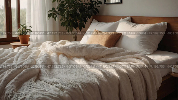 The interior of a modern house. A minimalistic cozy beige bedroom interior with a plaid, pillows, a headboard, linen linens and a bedside table. Стоковое AI-изображение, AI-художник Photojuli / Фотобанк Лори