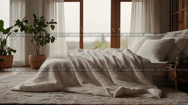 The interior of a modern house. A minimalistic cozy beige bedroom interior with a plaid, pillows, a headboard, linen linens and a bedside table. Стоковое AI-изображение, AI-художник Photojuli / Фотобанк Лори