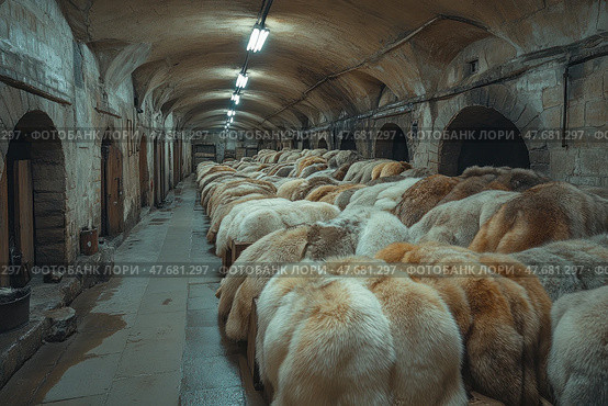 The interior of an old stone warehouse with massive vaulted ceilings, where tanned furs are stored. Rows of thick, fluffy pelts, ranging from light beige to tawny, are neatly arranged in wooden crates. The atmosphere is cold and stark, lit by dim fluorescent lights. The image is ideal for themes of tannery, fur trade, crafts, and the history of trades. Стоковое AI-изображение, AI-художник Анна Кривицкая / Фотобанк Лори
