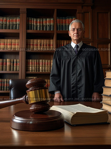 The judge  in a robe has just made a decision. The judge's gavel lies on the table against the background of normative acts standing on the shelf. The judge's gavel is a symbol of power and the right to perform statutory actions in the position of a judge or presiding judge. Стоковое AI-изображение, AI-художник Сергей Елизарьев / Фотобанк Лори