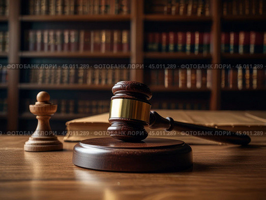 The judge's gavel lies on the table against the background of normative acts standing on the shelf. The judge's gavel is a symbol of power and the right to perform statutory actions in the position of a judge or presiding judge. Стоковое AI-изображение, AI-художник Сергей Елизарьев / Фотобанк Лори
