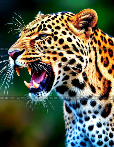 The leopard (Lat. Panthera pardus) is a species of predatory mammals of the cat family, belonging to the subfamily of big cats. The species' range covers Africa and the southern half of Asia. Стоковое AI-изображение, AI-художник Сергей Елизарьев / Фотобанк Лори