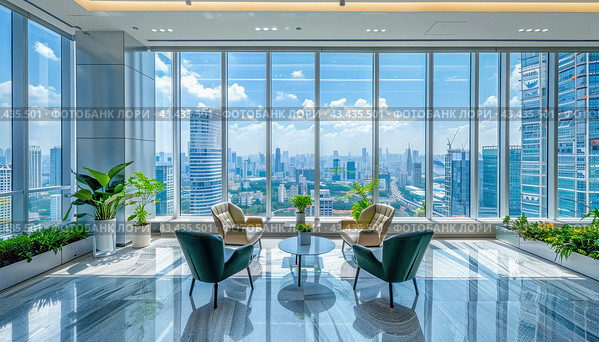 The living room is brightened by many windows with a beautiful view of the cityscape. Стоковое AI-изображение, AI-художник Юрий Поздников / Фотобанк Лори