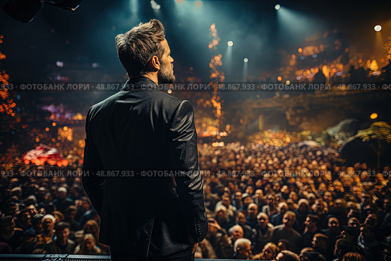 The Magnificent Orator: A Man Commanding the Attention of a Vast Multitude. Стоковое AI-изображение, AI-художник Данила Большаков / Фотобанк Лори