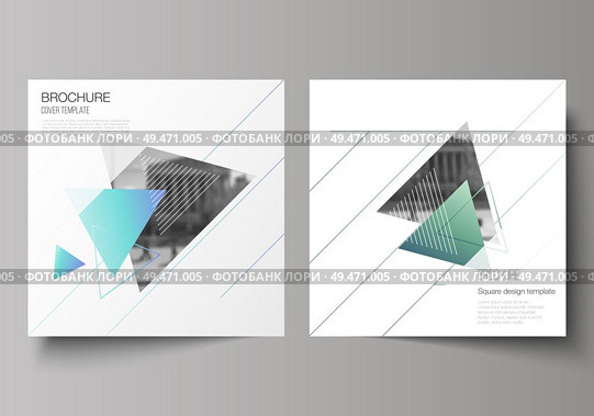 The minimal vector illustration of editable layout of two square format covers design templates for brochure, flyer, magazine. Colorful polygonal background with triangles with modern memphis pattern. The minimal vector illustration of editable layout of two square format covers design templates for brochure, flyer, magazine. Colorful polygonal background with triangles with modern memphis pattern. Стоковая иллюстрация, агентство Ingram Publishing / Фотобанк Лори