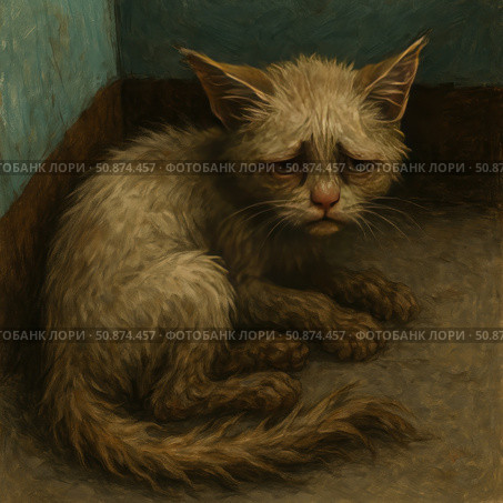 The oil painting depicts a sad, frightened kitten huddled in a corner. His eyes are full of longing and fear, his fur is tousled, his pose is withdrawn - the image evokes a strong emotional reaction. The illustration is perfect for topics related to animal protection, empathy, loneliness, social advertising and charity projects. Стоковое AI-изображение, AI-художник Анна Кривицкая / Фотобанк Лори