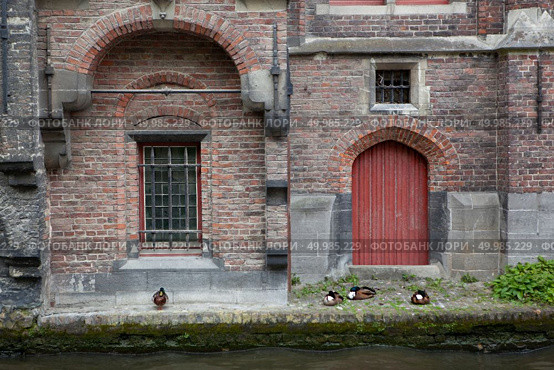 The old building with the Red door and a window on the water channel. Typical architecture of Bruges, Belgium.. Red door and window at water canal,panoramic view. Стоковое фото, агентство Ingram Publishing / Фотобанк Лори