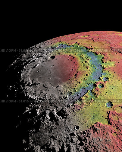 The Orientale impact basin on the western limb of the Moon, combining shaded relief with free air gravity. Стоковое фото, фотограф Stocktrek Images, Inc. / ТАСС / Фотобанк Лори