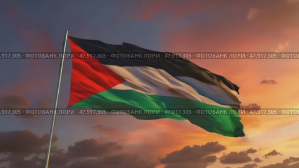 The Palestinian flag waving in the wind against an orange dramatic sunset sky. Стоковое AI-видео, аниматор Михаил Строгалев / Фотобанк Лори