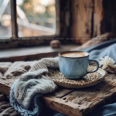 The photo reflects an atmosphere of coziness and warmth. On a wooden table near the window is a blue ceramic latte cup decorated with a pattern on the milk foam. A knitted blanket in a pastel shade lies nearby, complementing the feeling of comfort. In the background, soft outlines of nature are visible through a slightly fogged window, creating the feeling of an autumn morning or a winter day. The light from the window softly illuminates the scene, emphasizing the texture of wood, ceramics and fabric. This image is perfect for projects related to coziness, relaxation, cafes, coffee or a cozy atmosphere in the home. Стоковое AI-изображение, AI-художник Анна Кривицкая / Фотобанк Лори