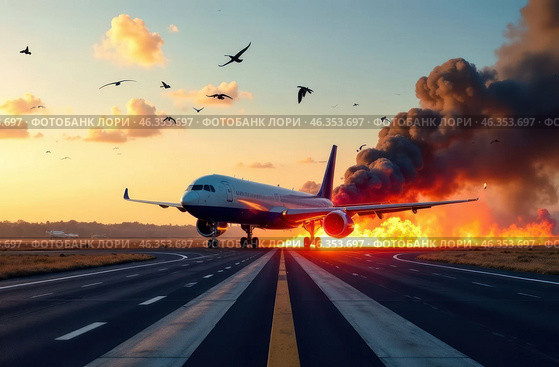 The plane crashes onto the runway of the airport, the engines are burning, a flock of birds is flying overhead. Accidents and air disasters. Стоковое AI-изображение, AI-художник Коханова Наталья / Фотобанк Лори