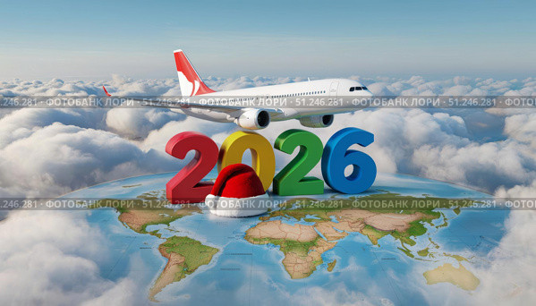 The plane flies over the numbers 2026. The concept of tourism in the new year, trips and tours 2026. Стоковое AI-изображение, AI-художник Терехова Марина / Фотобанк Лори