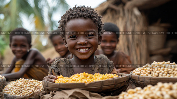 The problem of poverty and inequality. Happy African kids eating some sorghum porridge in village outdoor. Стоковое AI-изображение, AI-художник Ирина Михайличенко / Фотобанк Лори