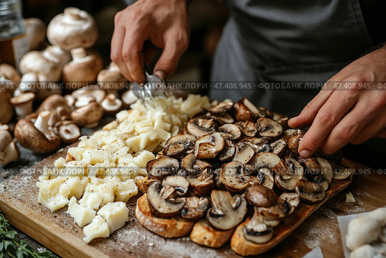 The process of preparing a flavorful snack: a person's hands carefully arrange fried mushrooms and grated cheese on slices of bread, presumably bruschetta or tartine. Fresh mushrooms and cheese are visible nearby, lying on a wooden surface covered in flour. The scene conveys a cozy, homely atmosphere, with an emphasis on fresh ingredients and the cooking process. Стоковое AI-изображение, AI-художник Анна Кривицкая / Фотобанк Лори