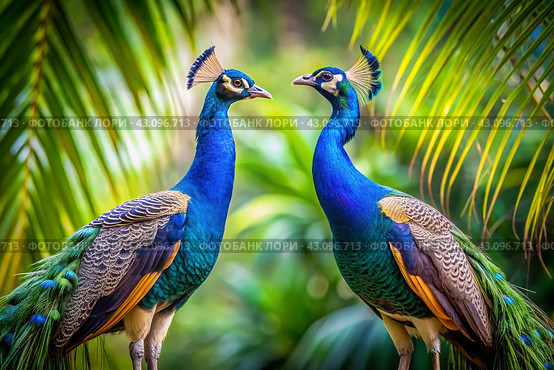 The rainforest. Two large beautiful peacocks on a blurred tropical background. Close-up. Стоковое AI-изображение, AI-художник Photojuli / Фотобанк Лори