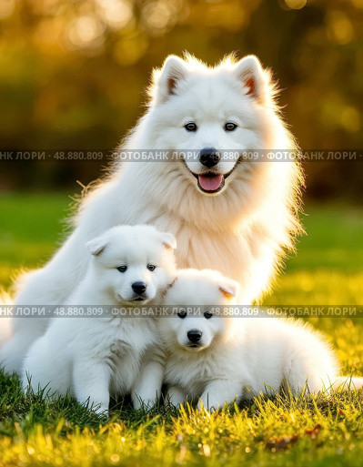 The Samoyed dog (Samoyed, Samoyed Spitz, Sammy) is one of the oldest dog breeds, which belongs to the primitive (aboriginal) breeds. It originates from the Far North of Eurasia. The corners of the mouth are slightly bent, forming a characteristic "Samoyed smile". Стоковое AI-изображение, AI-художник Сергей Елизарьев / Фотобанк Лори