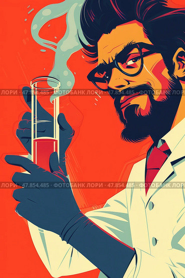 The scientist confidently points at a test tube filled with a vibrant red liquid as smoke rises, emphasizing a moment of scientific curiosity. Стоковое AI-изображение, AI-художник Данила Большаков / Фотобанк Лори