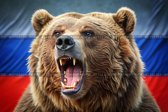 The state symbol of Russia. An angry, growling Bear on the background of the Russian flag. Tricolour. Don't wake up the Russian bear. Стоковое AI-изображение, AI-художник Photojuli / Фотобанк Лори