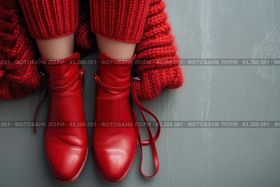 The stylish and cozy image shows a woman's legs wearing red leather boots and a thick red knitted sweater. The woman sits on the gray floor, and her image conveys a feeling of warmth and comfort. Red boots and a sweater create a pop of color that contrasts with the cool gray background. The shoes look high quality and fashionable, and the sweater adds coziness and completeness to the look. Стоковое AI-изображение, AI-художник Анна Кривицкая / Фотобанк Лори