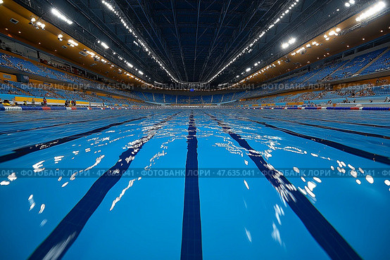 The swimming competition at the Olympics, Swimming pool in sport arena.. Соревнования по плаванию на Олимпийских играх, плавательный бассейн на спортивной арене. Стоковое AI-изображение, AI-художник Katsiaryna Repich / Фотобанк Лори