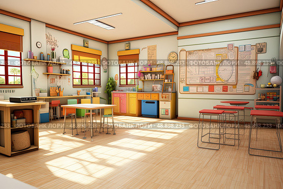 The Symphony of Learning: An Overabundance of Desks and Chairs in a Dynamic Classroom. Стоковое AI-изображение, AI-художник Данила Большаков / Фотобанк Лори