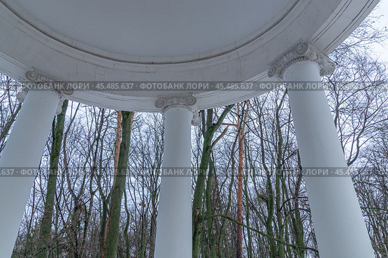 The Temple of Ceres (Golden Sheaf) is a small gazebo on the southern border of the Tsaritsyn Landscape Park. The ancient rotunda was built in 1805. The white columns of the ancient rotunda. Стоковое фото, фотограф Эдуард Белкин / Фотобанк Лори