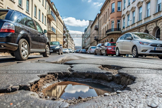 The terrible condition of the roads. A hole in the asphalt on a city street. Road repairs. A city street of poor quality. Стоковое AI-изображение, AI-художник Photojuli / Фотобанк Лори