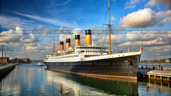 The Titanic Replica Docked in Southampton Harbor. Generative AI. Стоковое AI-изображение, AI-художник Roman Zavorotny / Фотобанк Лори