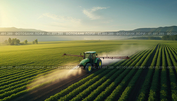 The tractor processes plants with fertilizer in a large field. Generated by AI. Стоковое AI-изображение, AI-художник Ярославский Максим / Фотобанк Лори