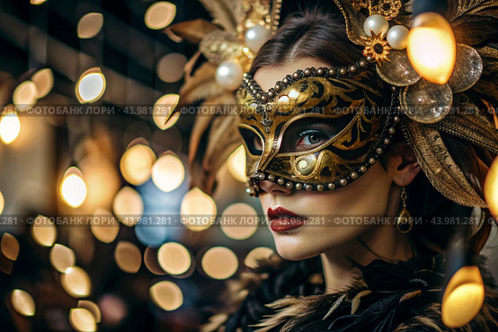 The Venetian Carnival. Close-up of a woman in an ornate carnival mask. Bright colors convey an atmosphere of celebration and luxury. Стоковое AI-изображение, AI-художник Photojuli / Фотобанк Лори