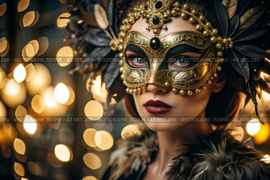 The Venetian Carnival. Close-up of a woman in an ornate carnival mask. Bright colors convey an atmosphere of celebration and luxury. Стоковое AI-изображение, AI-художник Photojuli / Фотобанк Лори