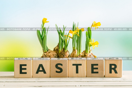 The word easter with yellow daffodil flowers on a table. Стоковое фото, агентство Ingram Publishing / Фотобанк Лори
