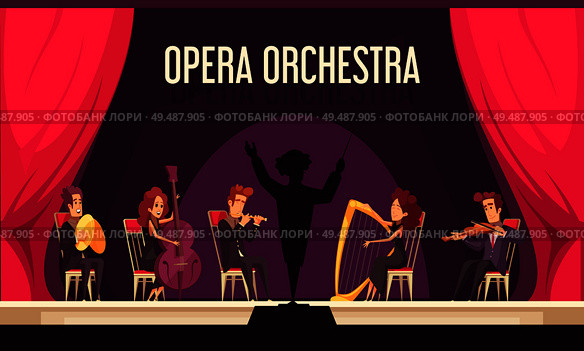 Theater opera orchestra onstage performance with violinist harpist fluitist musicians conductor red curtain flat composition vector illustration. Стоковая иллюстрация, агентство Ingram Publishing / Фотобанк Лори
