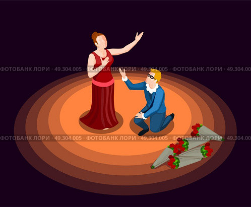 Theatre Isometric Icon. Theatre actor and actress in costumes performing at stage on black background 3d isometric icon vector illustration. Стоковое фото, агентство Ingram Publishing / Фотобанк Лори